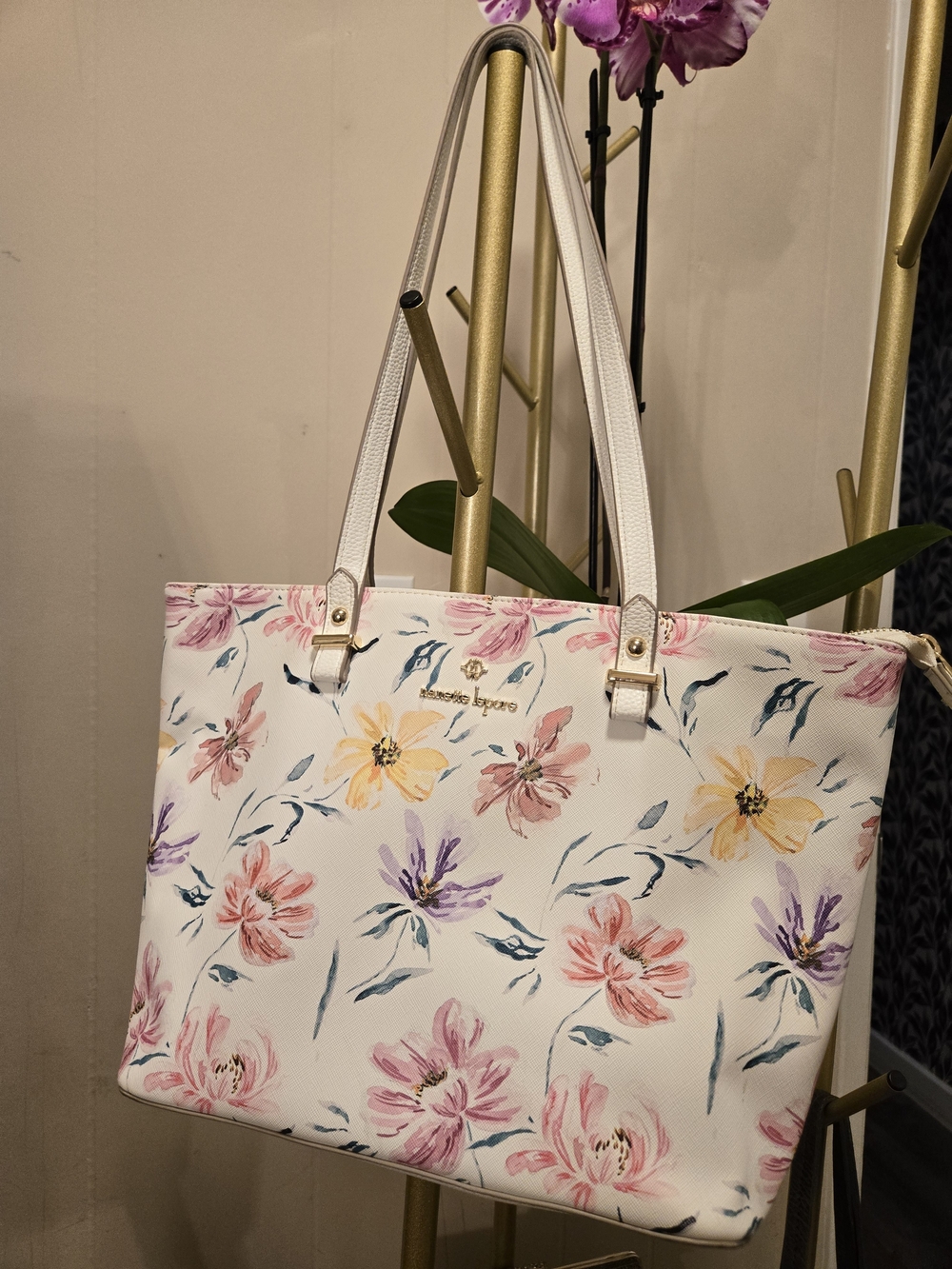 Nanette Lepore White Floral Tote with Pastel Blooms